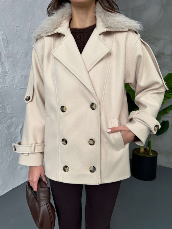 Taş Yakası Kürklü Premium Kaşe Kaban 70100-Taş