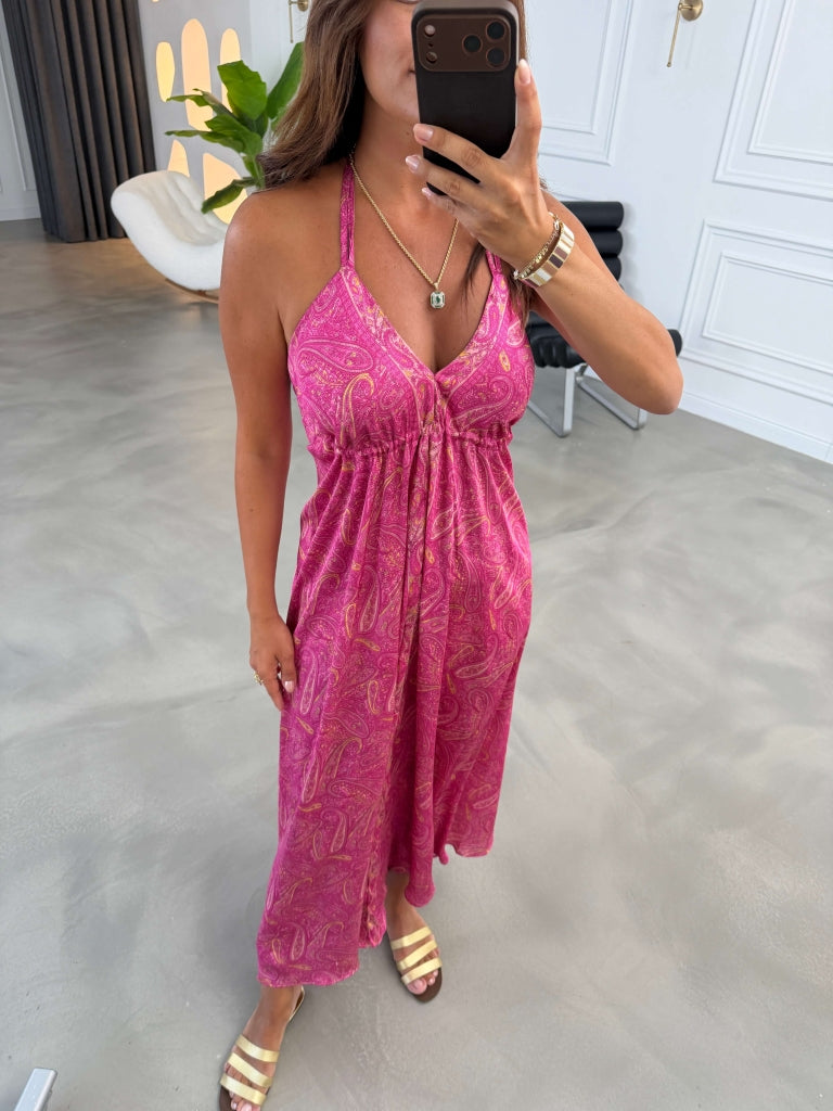 Pembe Etnik Desen Saten Elbise 4254-Pembe