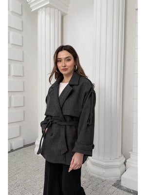 Antrasit Rebello Kuşaklı Kaşe Kaban 9669-Antrasit