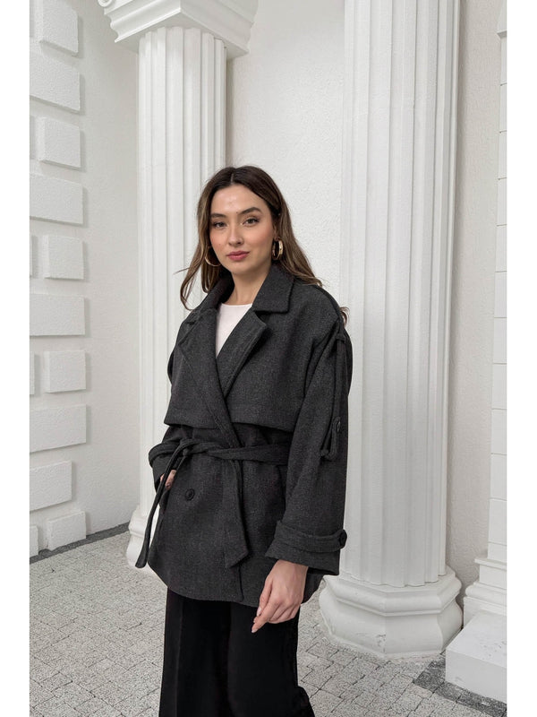 Antrasit Rebello Kuşaklı Kaşe Kaban 9669-Antrasit