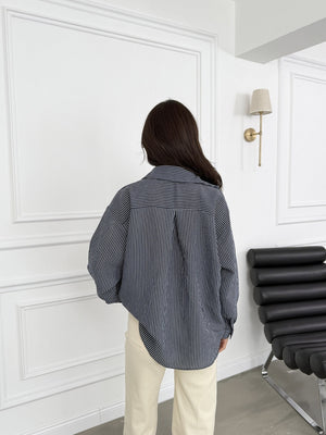 Lacivert Çizgili V Yaka Gömlek 4906-Lacivert