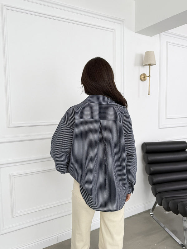 Lacivert Çizgili V Yaka Gömlek 4906-Lacivert