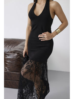 Siyah Sırt Dekolteli Dantel Detay Elbise 4106-Siyah