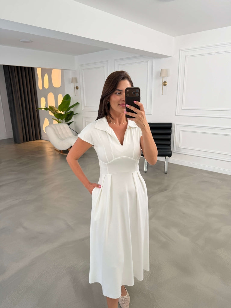 Beyaz Polo Yaka Pensli Modal Elbise 4129-Beyaz