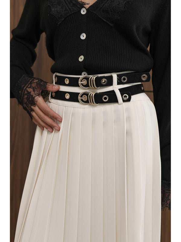 Krem Çift Kemerli Piliseli Etek 8122-Krem