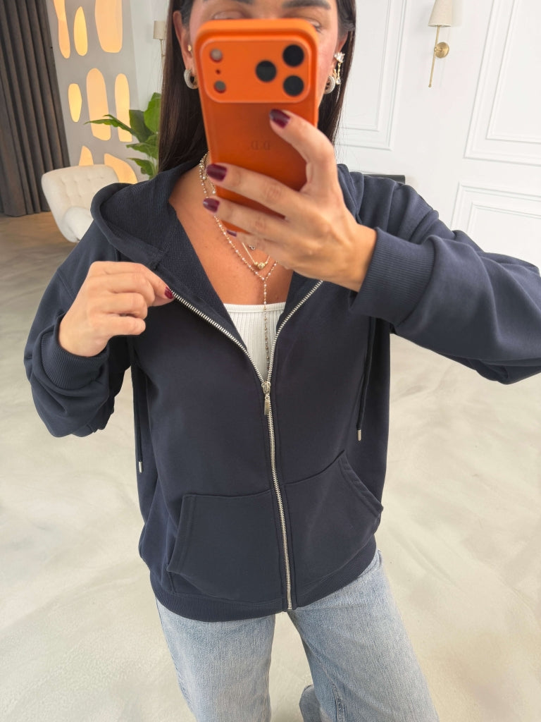 Lacivert Kapüşonlu Fermuarlı Basic Sweatshirt 4321-Lacivert