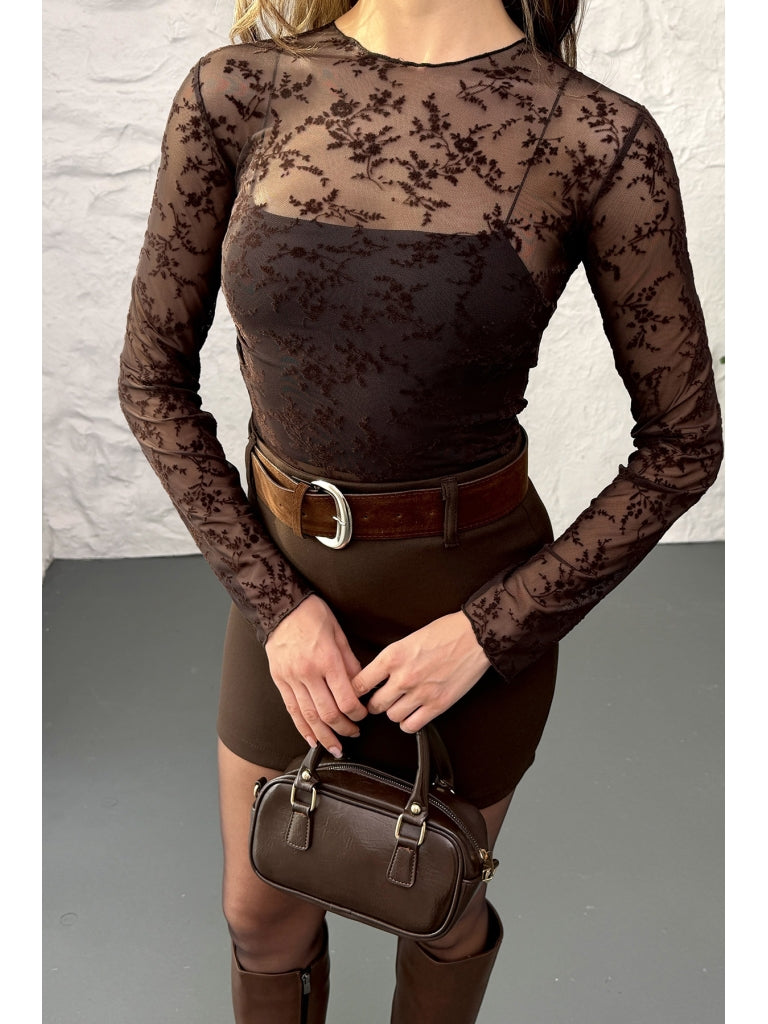 Kahverengi Çiçekli Transparan Bluz 58447-Kahverengi