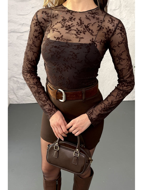 Kahverengi Çiçekli Transparan Bluz 58447-Kahverengi