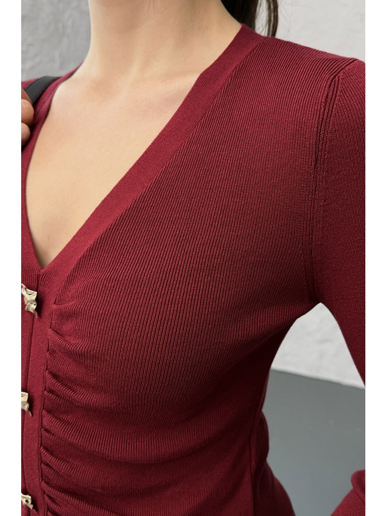 Dilvin  Bordo V Yaka Düğmeli Triko Kazak 10805-Bordo
