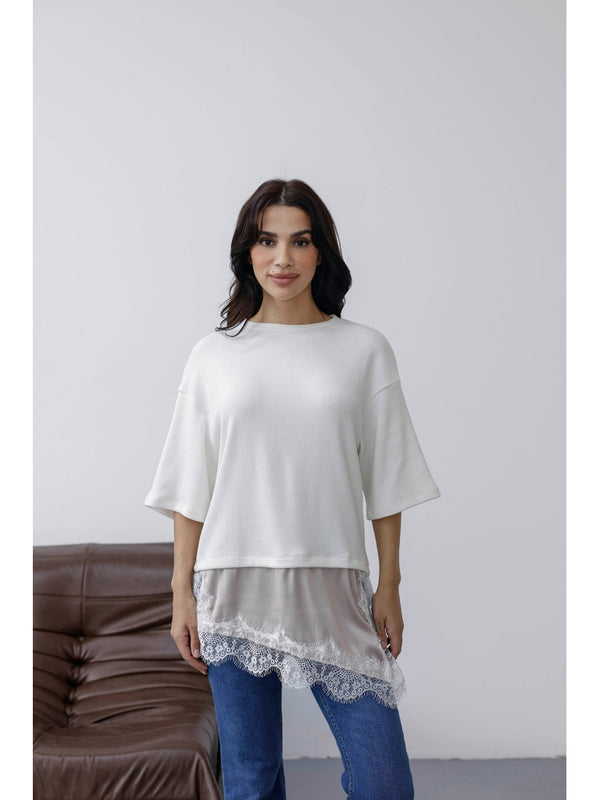 Ekru Eteği Dantelli Triko Bluz 8038-Ekru