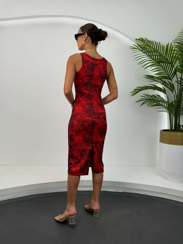 Kırmızı Batik Desen Body Elbise