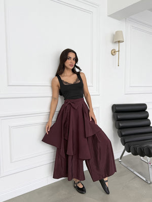Mürdüm Bel Bağlamalı Etek Pantolon 0020-Mürdüm