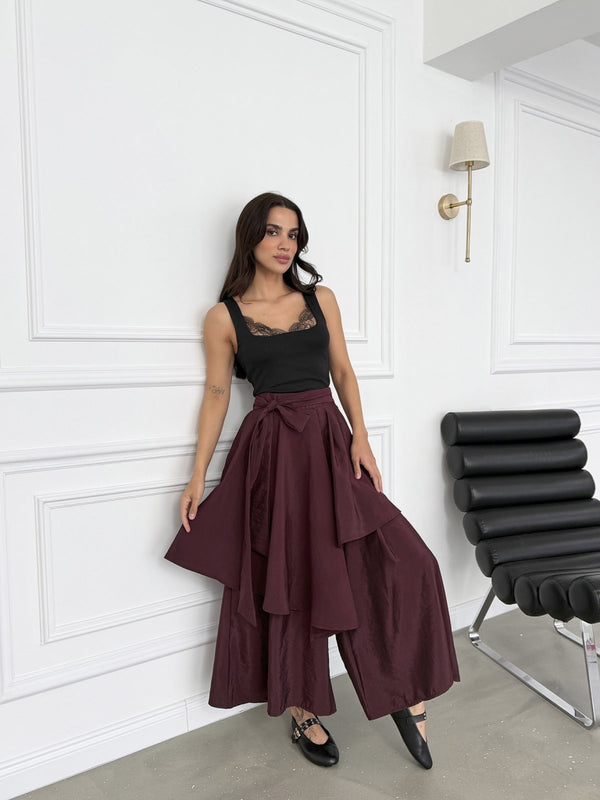 Mürdüm Bel Bağlamalı Etek Pantolon 0020-Mürdüm