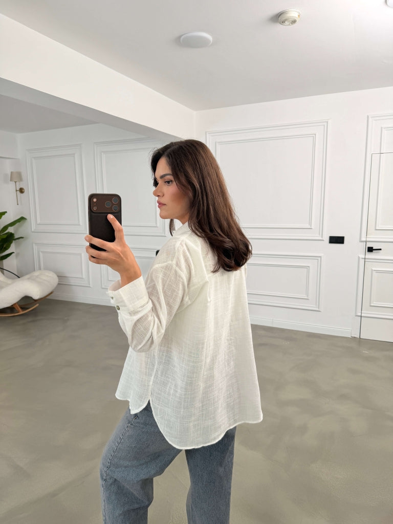 Beyaz Düğme Detaylı Keten Gömlek 580384-Beyaz
