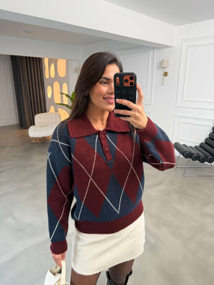 Bordo Baklava Desenli Polo Yaka Triko Kazak 002725-Bordo
