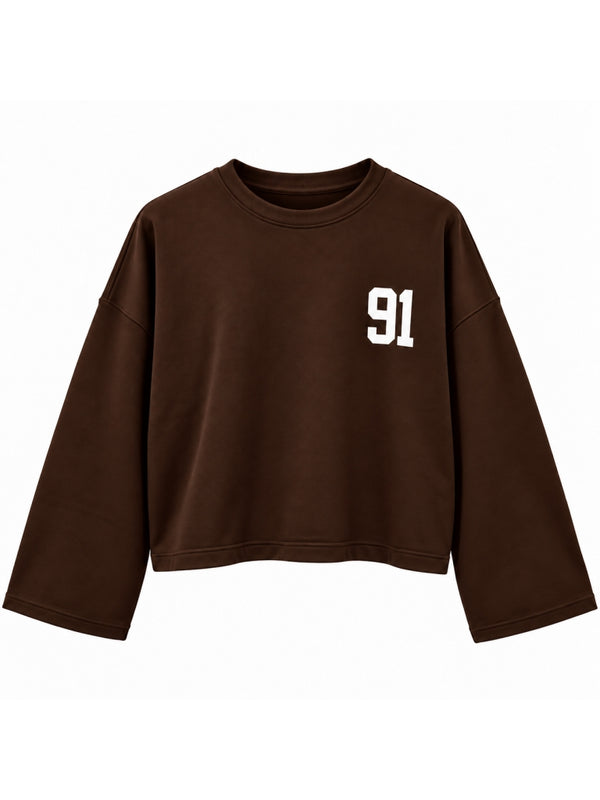 Kahverengi Baskılı Uzun Kollu Basic Sweat 12470-Kahverengi