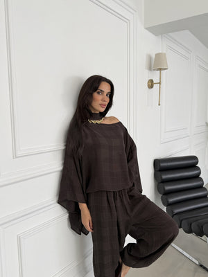 Kahve Fularlı Panço Takım 51344-Kahve