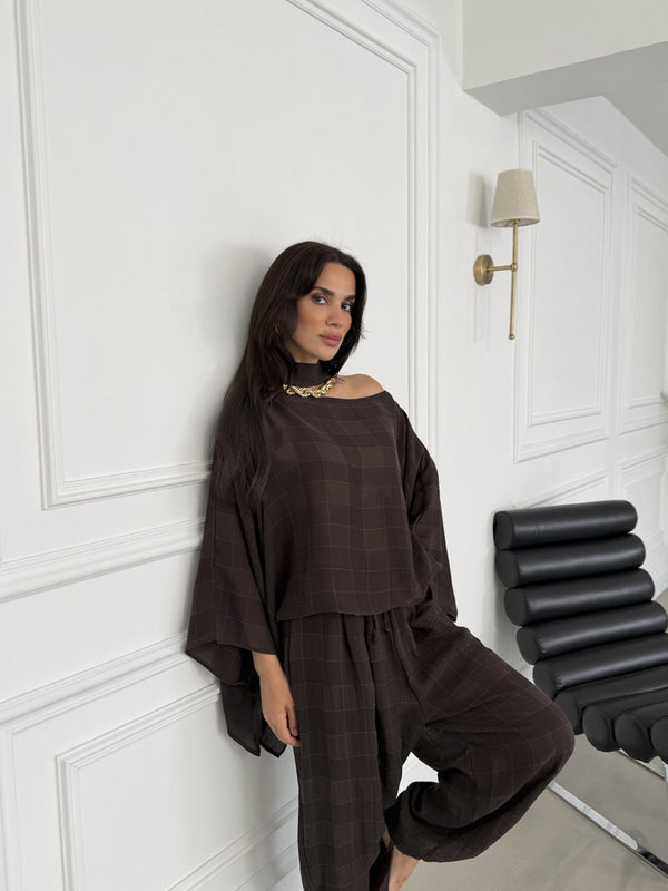 Kahve Fularlı Panço Takım 51344-Kahve