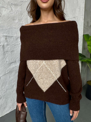 Acı Kahve Açık Yaka Baklava Desen Kazak 2530-Acı Kahve