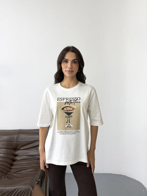 Ekru Espresso Baskılı Tshirt 0492-Espresso