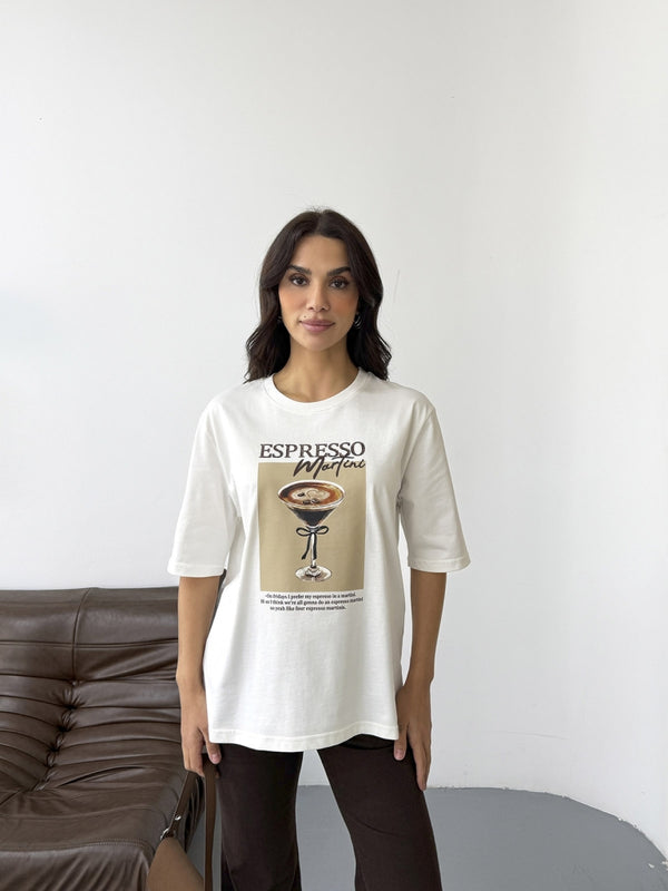 Ekru Espresso Baskılı Tshirt 0492-Espresso