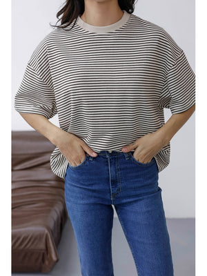 Ekru Çizgili Orj Marka Oversize Tshirt 6274-Ekru