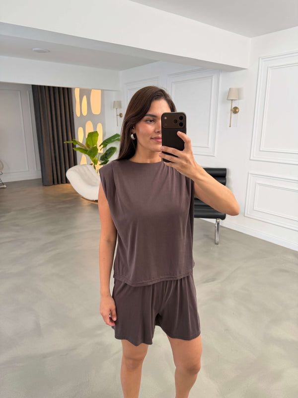 Kahve Vatkalı Şortlu Takım 2494-Kahve
