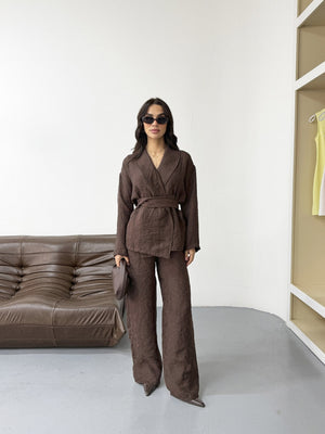 Kahve Şal Yaka Kimono Takım 51100-KAHVE