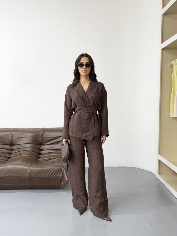 Kahve Şal Yaka Kimono Takım 51100-KAHVE
