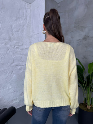 Sarı Önü Bağcıklı Örme Hırka EY2426-Sarı