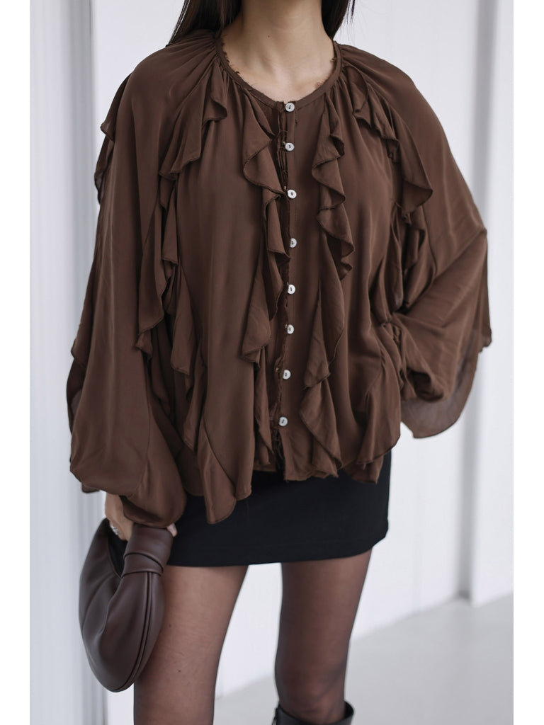 Kahve Katlı Volanlı Bluz 5025-Kahve