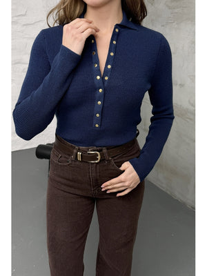 İndigo Polo Yaka Çıtçıtlı Kazak 251172-İndigo