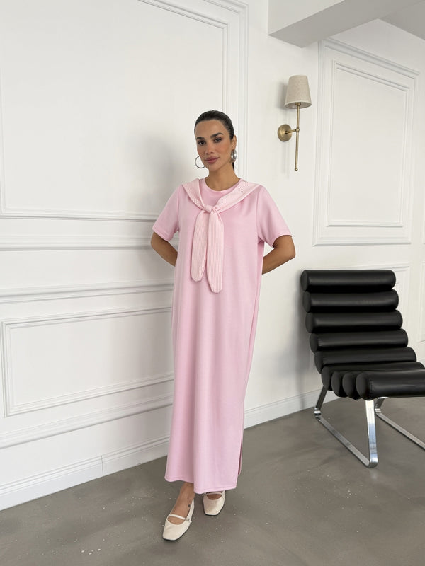 Pembe Fular Detaylı Modal Elbise 1877-Pembe