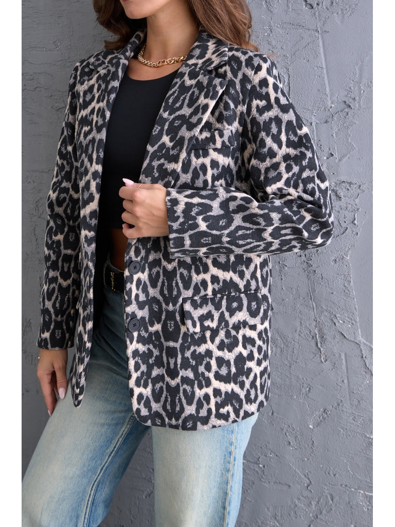 Gri Leopar Blazer Kaşe Ceket