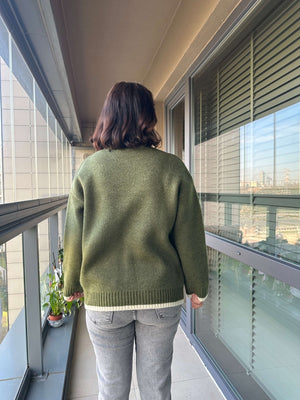 Yeşil Çizgi Detaylı Oversize Kazak