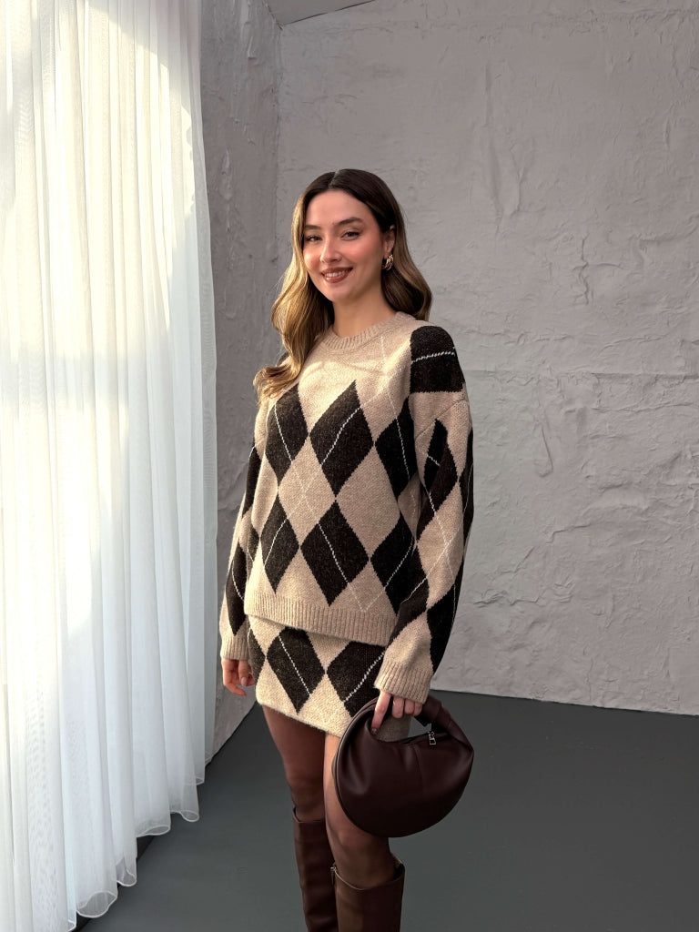 Vizon Baklava Desen Etek Kazak Takım 2575-Vizon