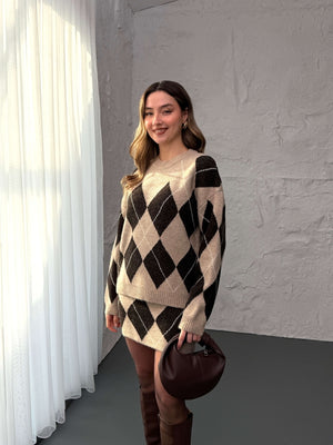 Vizon Baklava Desen Etek Kazak Takım 2575-Vizon