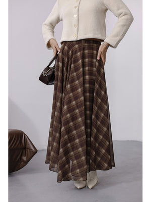 Kahverengi Haki Ekose Detaylı Şifon Etek 0613-Kahve Haki