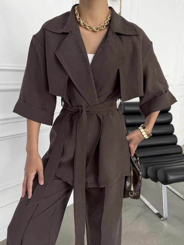 Kahve Bel Bağlamalı Yarım Kol Tencel Takım 7309-Kahve