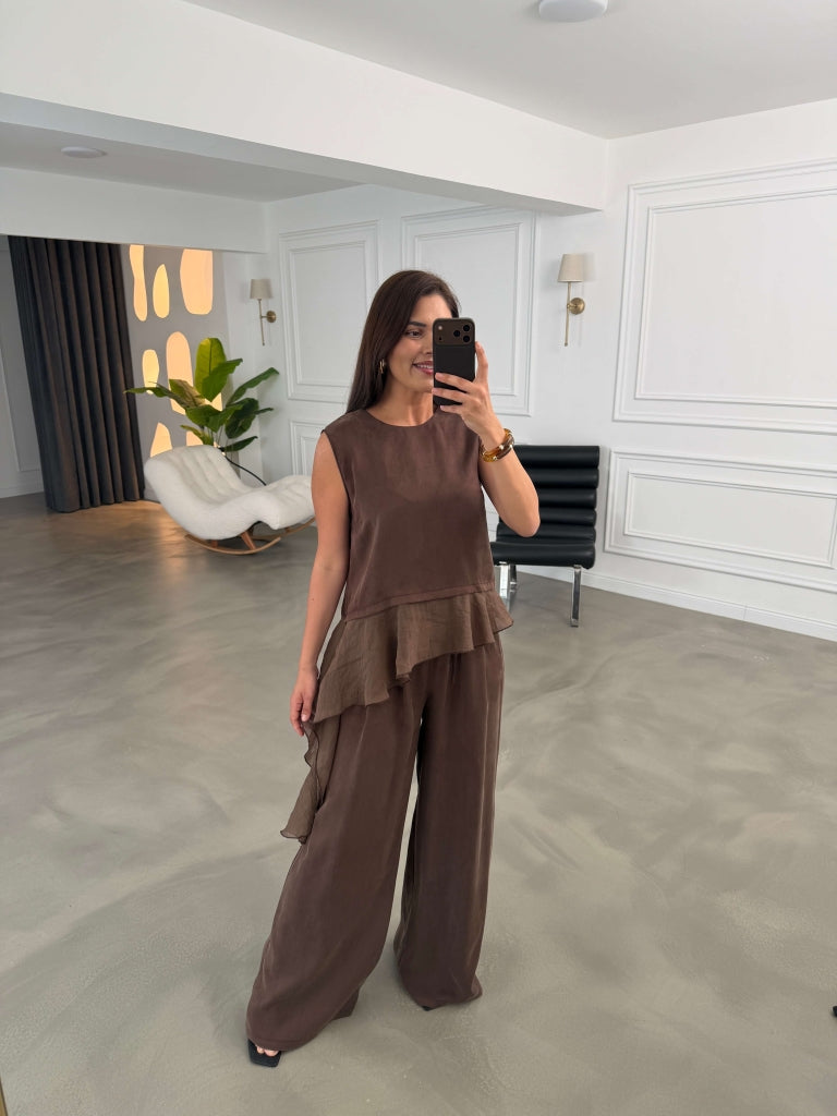 Kahve Eteği Garnili Bluz Pantolon Takım 51391-Kahve