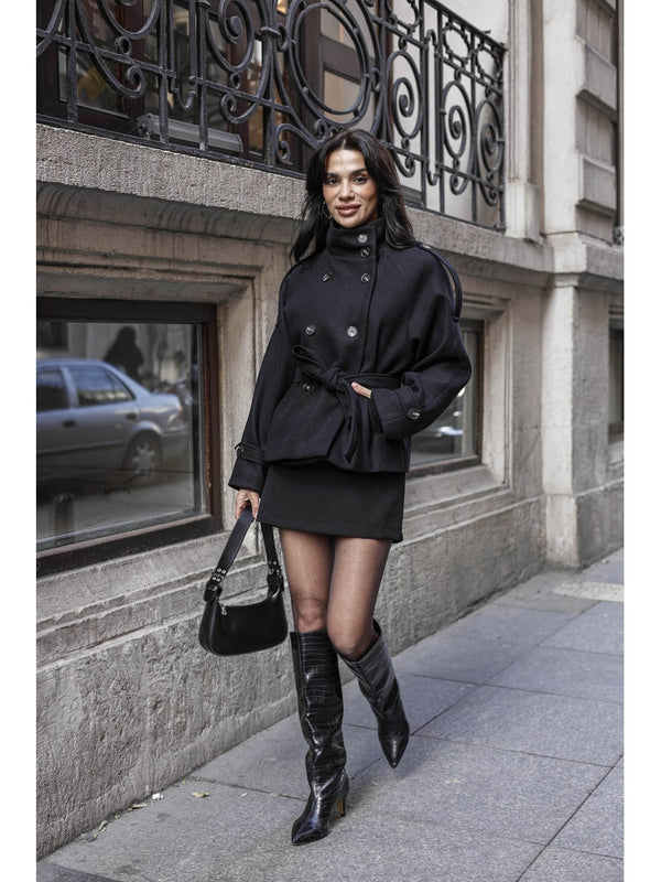 Siyah  Dik Yaka Kısa Kaşe Kaban 70119-SİYAH