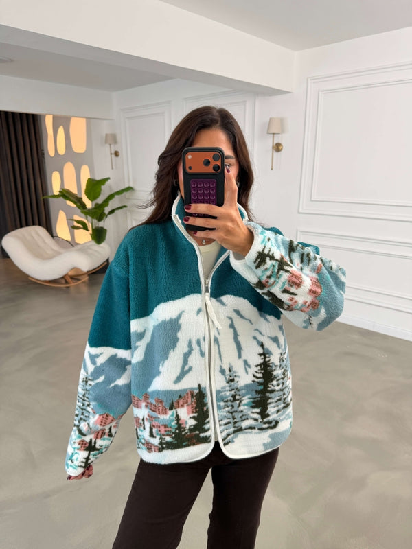 Yeşil Ön Fermuarlı Peluş Sweat 22889-Yeşil