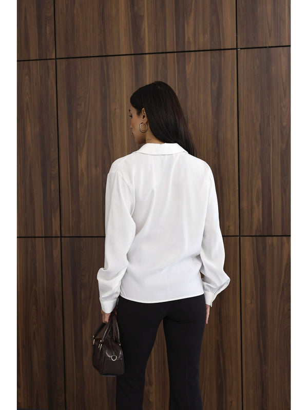 Beyaz Yan Bağlamalı Tencel Gömlek 0897-Beyaz