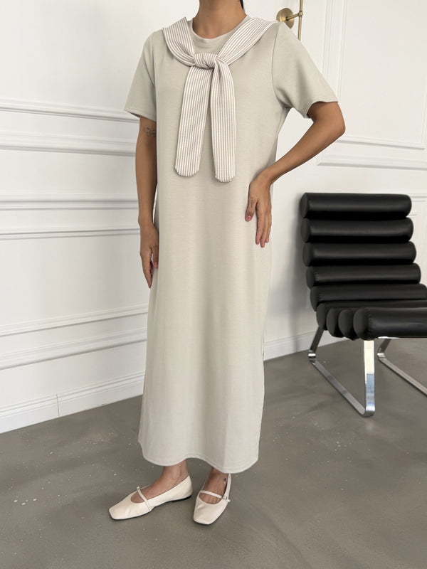 Taş Fular Detaylı Modal Elbise 1877-Taş