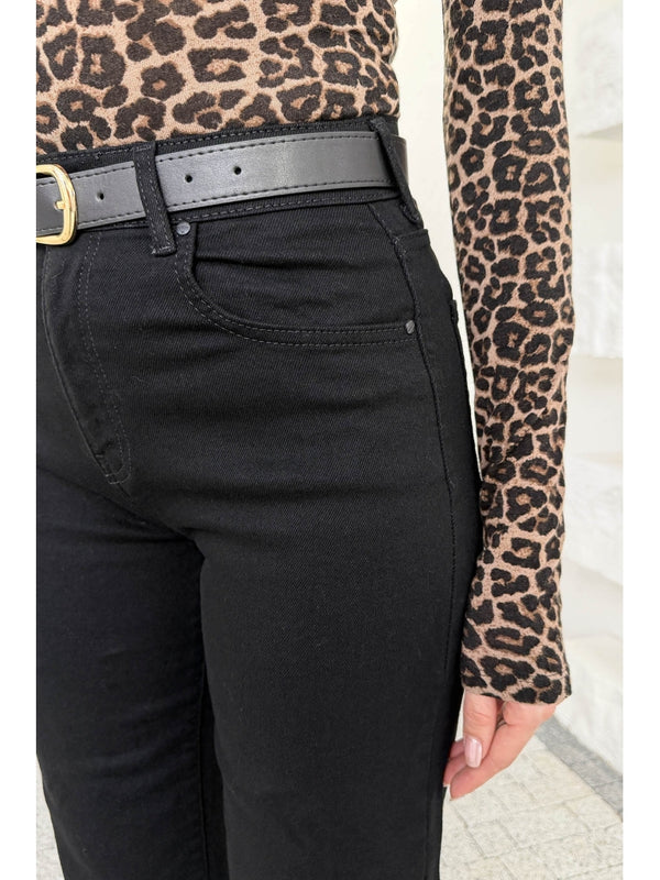 Siyah Kesik Paça Kermerli Jean AK102-Siyah