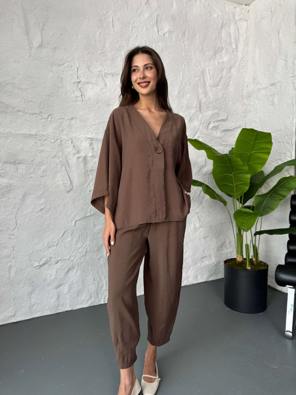 Kahve Tek Düğmeli Bluz Pantolon Takım