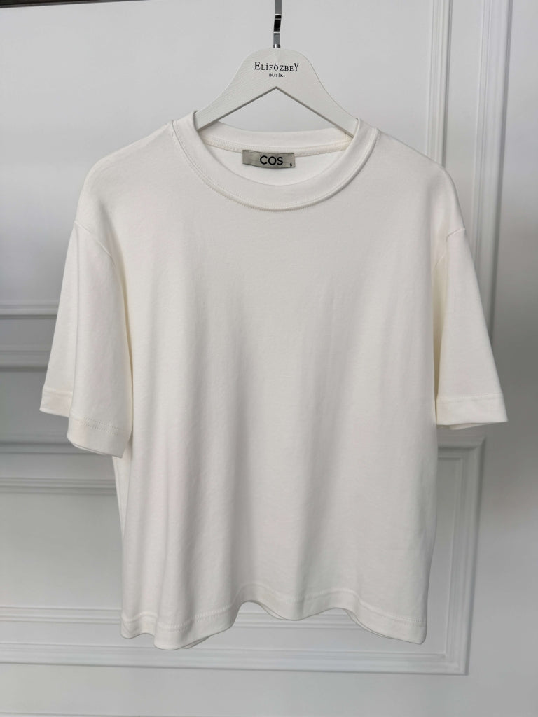 Beyaz Bisiklet Yaka Basıc Tshirt 6597-Beyaz
