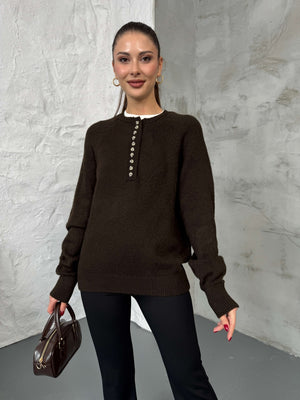 Acı Kahve Yarım Düğmeli Kazak 241246-Acı Kahve