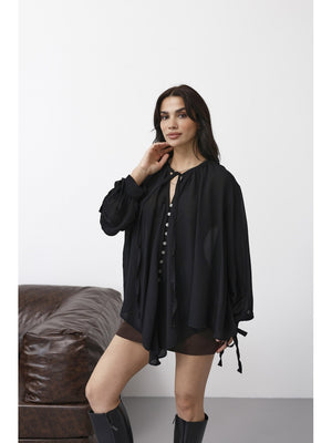 Siyah Yakası Fularlı Salaş Gömlek 4988-Siyah