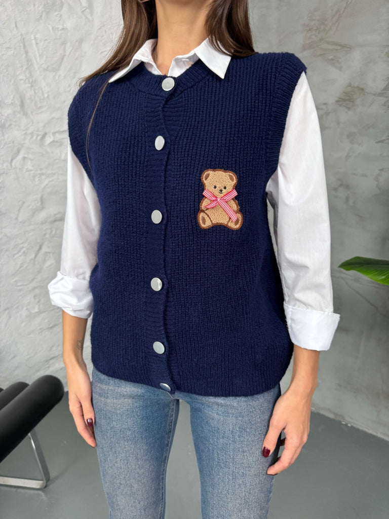 Lacivert Teddy Nakışlı Süveter